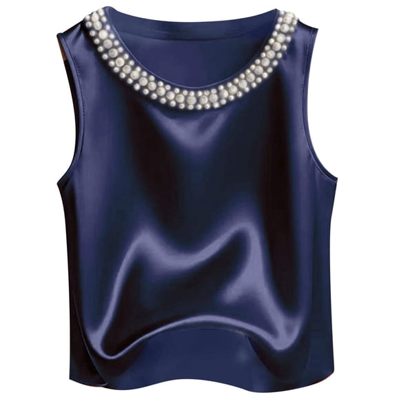DHFJKG Silk Satin Tank Tops For Women Pearl Scoop Neck Summer Sleeveless Camisole Basic Blouses Work Dressy Clothes Trendy Top