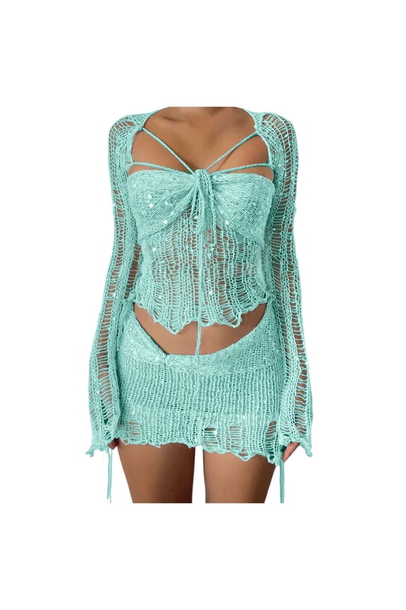 Skirt Set Women Summer 2 Piece Outfits Crochet Sexy Hollow Out Sequins Long Sleeve Crop Top Mini Skirts Party Going Out Wear Stylish Outfit