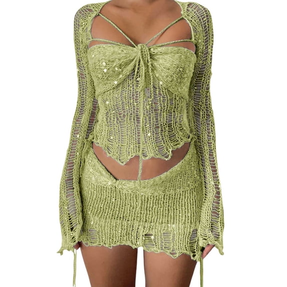 DHFJKG Skirt Set Women Summer 2 Piece Outfits Crochet Sexy Hollow Out Sequins Long Sleeve Crop Top Mini Skirts Party Going Out Wear Versatile Outfit