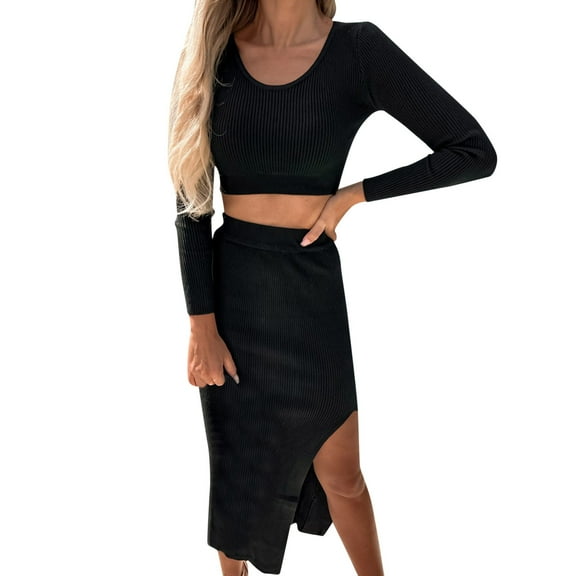 DHFJKG Skirt Sets For Women 2 Piece Outfits Long Sleeve Scoop Neck Crop Top Slim Fit Basic Tee High Wasited Side Slit Long Skirts Matching Set Stylish Outfit