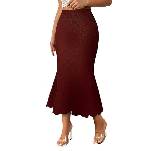 DHFJKG Skirts For Women Flared Ruffle Hem Solid Color Mid-Calf Skirt Slim Fit Mid Rise Lightweight Versatile Skirt