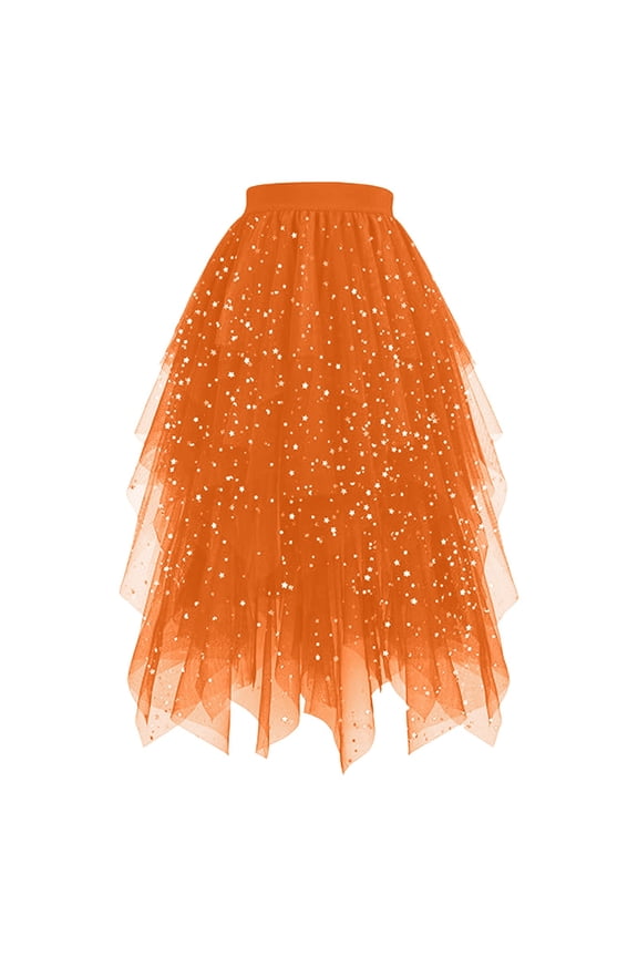 Skirts For Women Glitter Mesh Layered Mid Length Star Sequins Asymmetrical Hem Party Evening Skirt Versatile Skirt