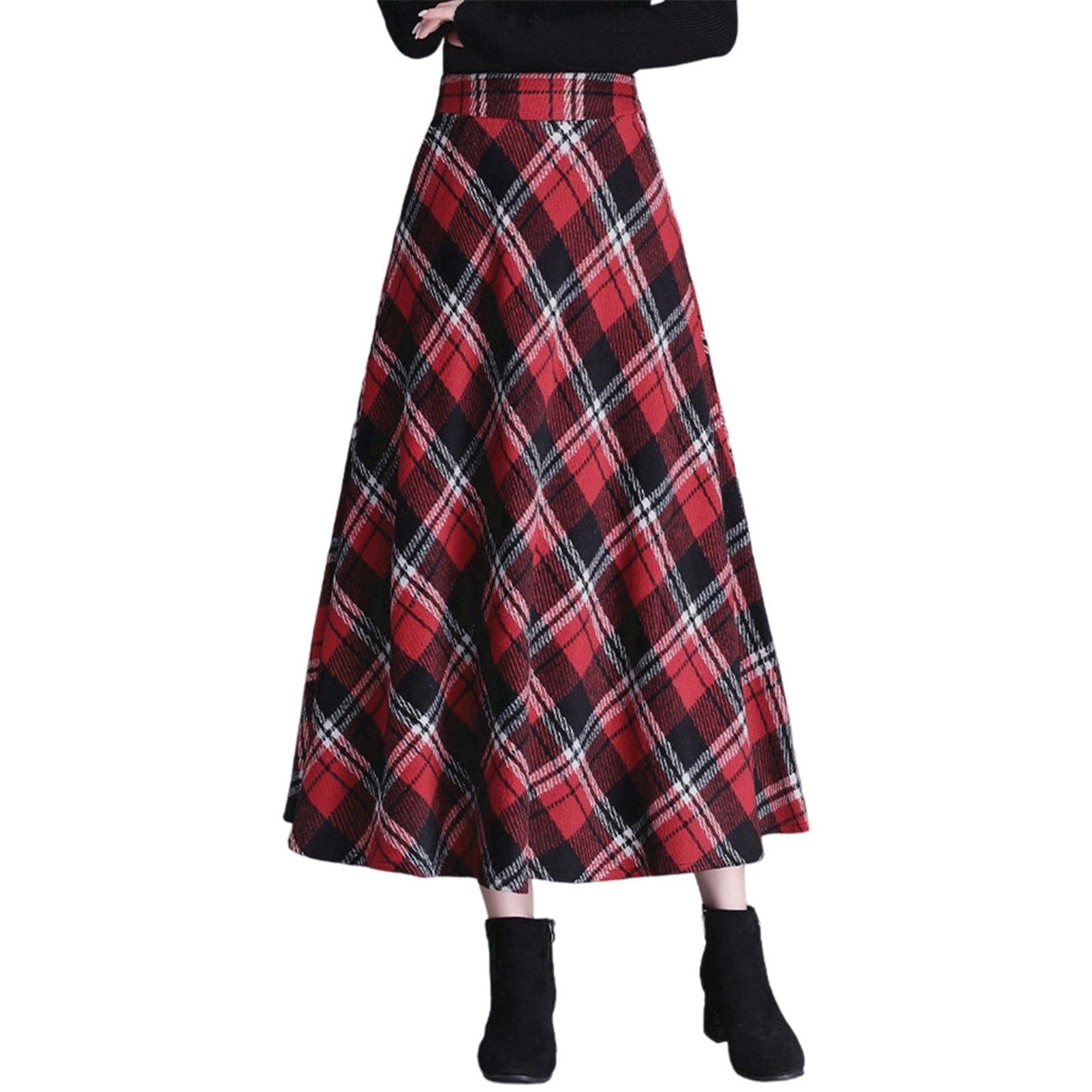 DHFJKG Skirts For Women High Waist Plaid Pleated Midi Long Skirt A-line ...