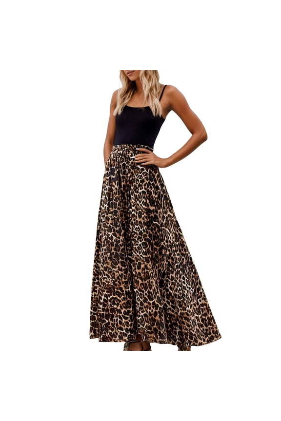 Skirts For Women Leopard Print Pleated Flowy Maxi Long Skirt Casual A Line Ankle-Length Beach Stylish Skirt