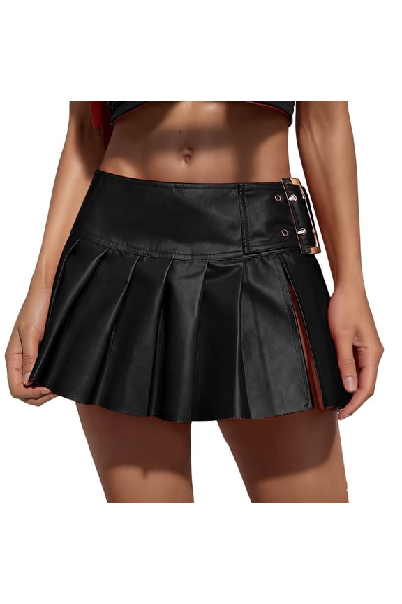 Skirts For Women Pu Leather Buckled Low Rise Pleated Mini Skirt A Line Night Out Party Club Cozy Skirt