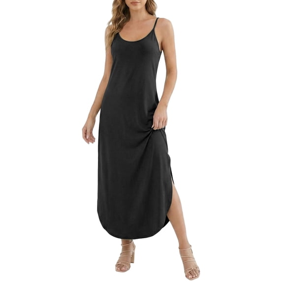 DHFJKG Sleeveless Beach Dress Women Loose Fit Summer Comfortable Flowy Long Dress Adjustable Straps Curved Hem Scoop Neck Trendy Dresses