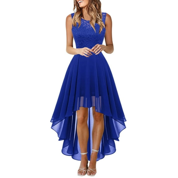 DHFJKG Sleeveless Dresses For Women Lace Hallow Out Chiffon Dress For Bridesmaid Wedding High Low Solid Color Versatile Dresses