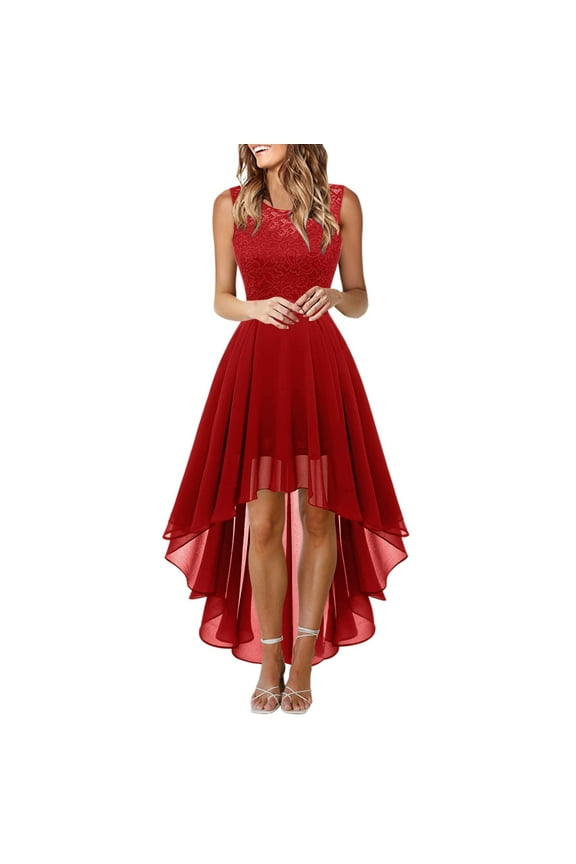 Sleeveless Dresses For Women Lace Hallow Out Chiffon Dress For Bridesmaid Wedding High Low Solid Color Versatile Dresses