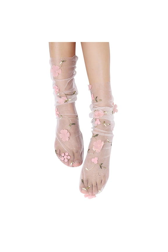 Slouch Socks For Women Mesh Sheer Floral Embroidery Summer Breathable Mid Calf Socks