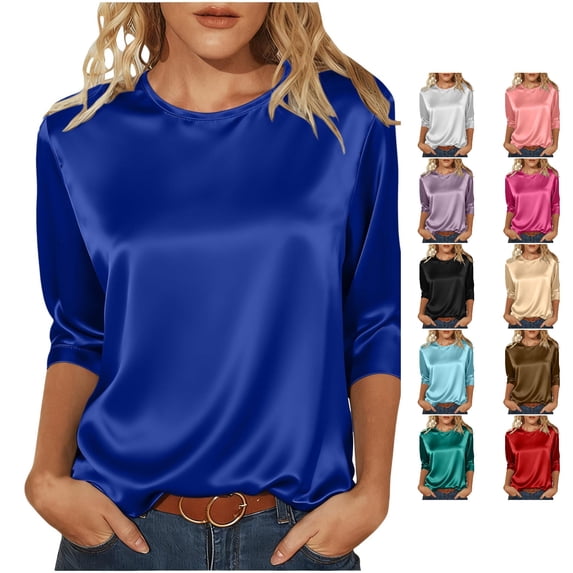 DHFJKG Soft Satin Tops For Women 3/4 Sleeve T Shirt Loose Fit Casual Crew Neck Solid Color Basic Tee Trendy Top