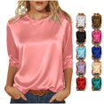 thumbnail image 1 of DHFJKG Soft Satin Tops For Women 3/4 Sleeve T Shirt Loose Fit Casual Crew Neck Solid Color Basic Tee Versatile Top, 1 of 9