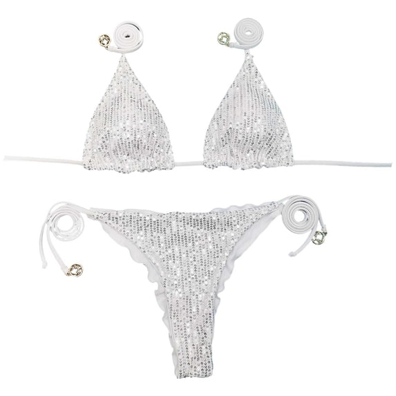 DHFJKG Sparkling Bikini Two Piece Swimsuit For Women Sequins Self Tie Triangle Bikini Top And Side Tie Thong Bottom Set Casual Beachwear