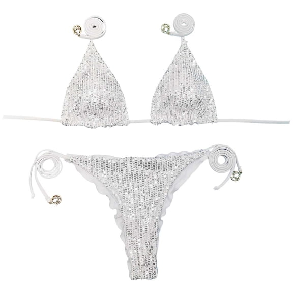 DHFJKG Sparkling Bikini Two Piece Swimsuit For Women Sequins Self Tie Triangle Bikini Top And Side Tie Thong Bottom Set Vacation Beachwear