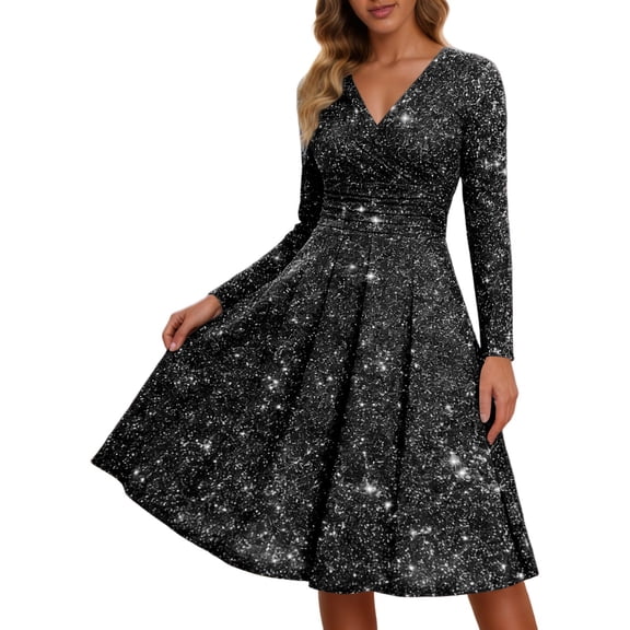 DHFJKG Sparkly Sequin Party Dress For Women Mid Length Deep V Neck Long Sleeve Clubwear Ruched Waist Flowy Versatile Dresses