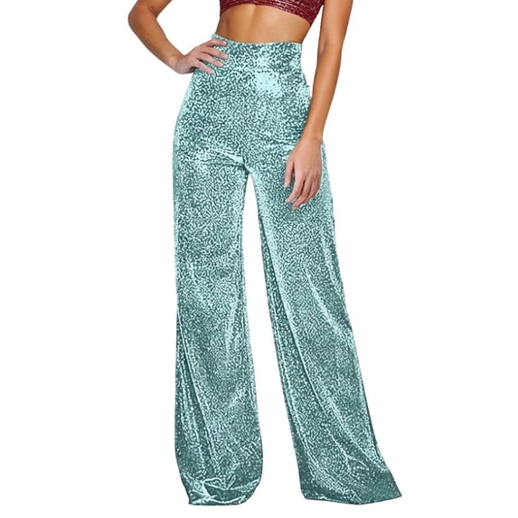 DHFJKG Sparkly Sequins Pants Women Wide Leg High Waisted Pants Elegant Loose Fit Glitter Flowy Palazzo Night Out Club Wear Leisure Trousers