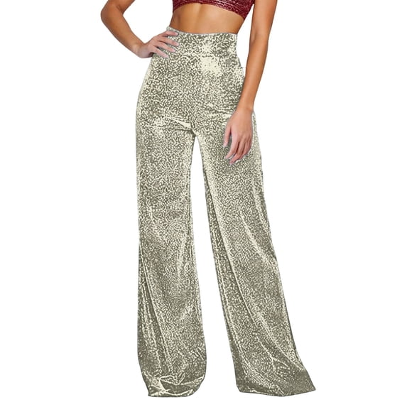 DHFJKG Sparkly Sequins Pants Women Wide Leg High Waisted Pants Elegant Loose Fit Glitter Flowy Palazzo Night Out Club Wear Trendy Trousers