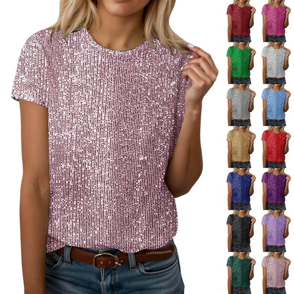 DHFJKG Sparkly Sequins T Shirt Women Giltter Short Sleeve Crew Neck Regular Fit Solid Color Basic Tee Dance Wear Versatile Tops