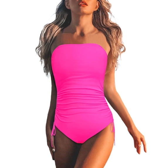 DHFJKG Strapless One Piece Swimsuit Women Tummy Control High Cut Bathing Suit Sexy Swimwear Vacation Solid Color Comfort Beachwear