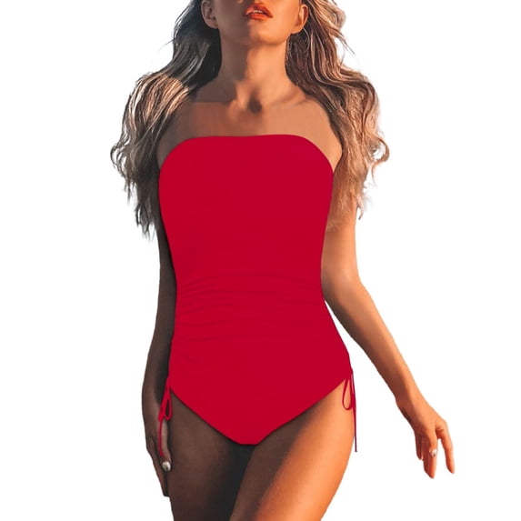 DHFJKG Strapless One Piece Swimsuit Women Tummy Control High Cut Bathing Suit Sexy Swimwear Vacation Solid Color Soft Beachwear