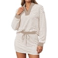 thumbnail image 1 of DHFJKG Striped 2 Piece Outfits For Women Casual Jogger Skirt Sets Turndown Collar Long Sleeve Top Drawstring Mini Skirts Loungewear Matching Set Soft Outfit, 1 of 6