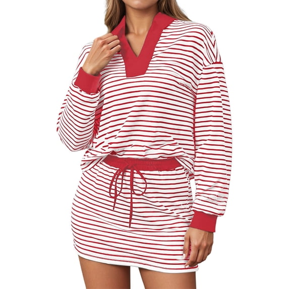 DHFJKG Striped 2 Piece Outfits For Women Casual Jogger Skirt Sets Turndown Collar Long Sleeve Top Drawstring Mini Skirts Loungewear Matching Set Soft Outfit