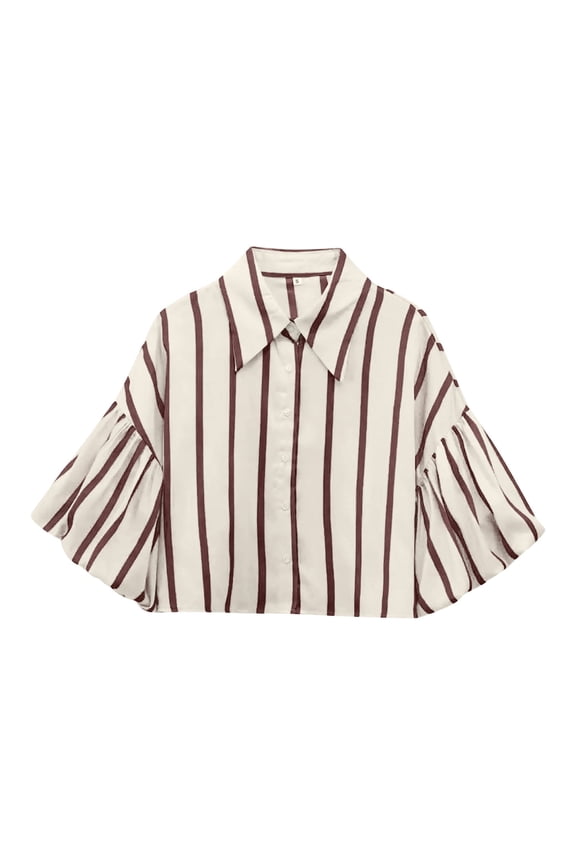Striped Button Down Shirts Women Puff Short Sleeve Crop Top Casual Loose Fit Drop Shoulder Blouses Summer Going Out Comfy Tops