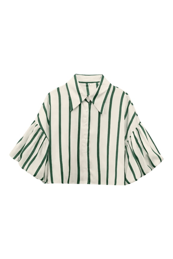 Striped Button Down Shirts Women Puff Short Sleeve Crop Top Casual Loose Fit Drop Shoulder Blouses Summer Going Out Soft Tops