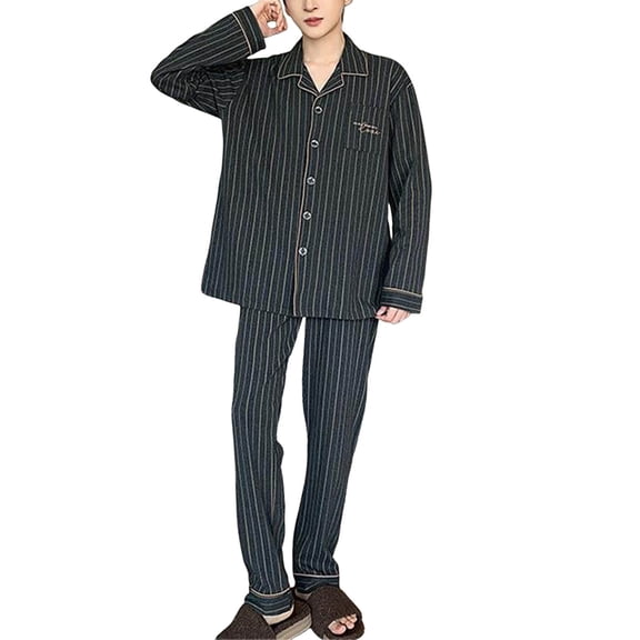 DHFJKG Striped Pajama Set For Men Lightweight Loungewear Long Sleeve Turndown Collar Button Down Shirt Loose Fit Pants PJ 2 Piece Set Soft Nightwear