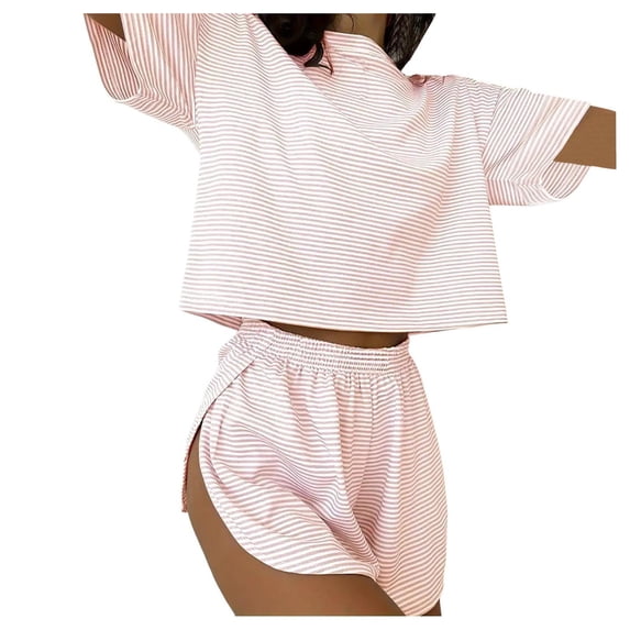DHFJKG Striped Pajamas For Women Set Lightweight Sleepwear Short Sleeve Cropped Top Side Split Shorts 2 Piece Loungewear Classic Nightwear