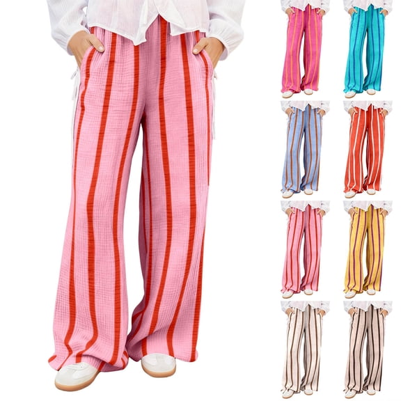 DHFJKG Striped Pants For Women Summer Beach Loose Fit Straight Leg Casual Elastic Waist Loungewear Pants Vacation Stylish Trousers