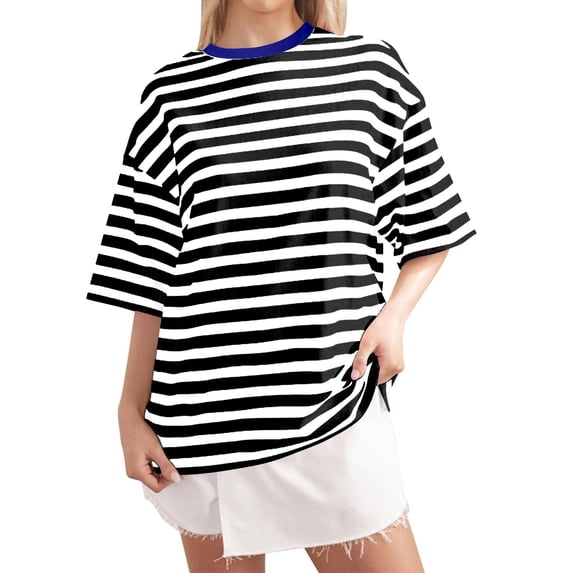 DHFJKG Striped T Shirts For Women Round Neck Short Sleeve T Shirt Comfortable Tee Baggy Boyfriend Streetwear Versatile Tops