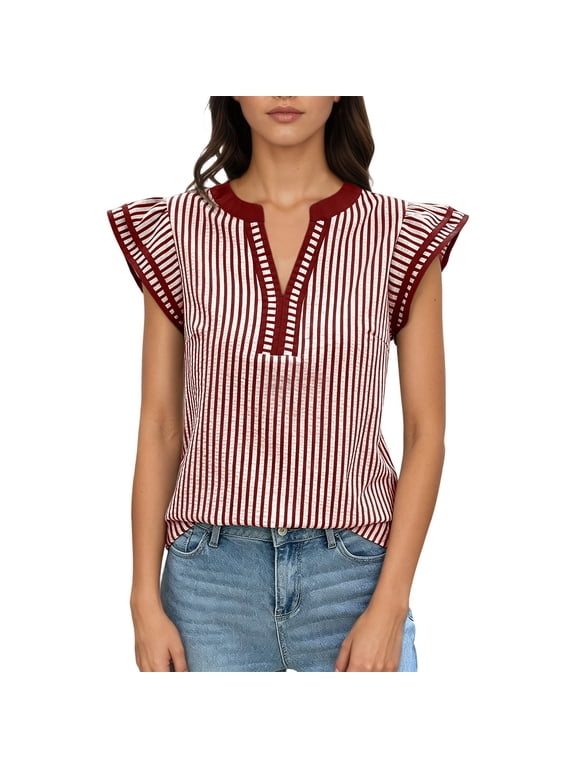 Striped T Shirts For Women V Neck Flutter Sleeve Loose Fit Summer Top Casual Daily Wear Versatile Tops
