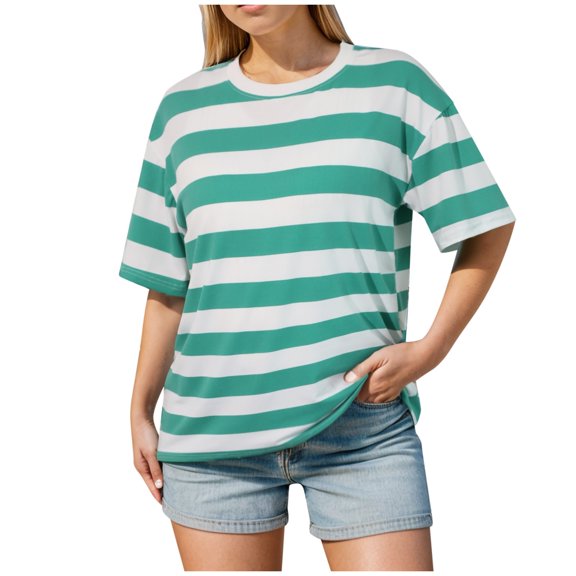 DHFJKG Striped Tees For Women Short Sleeve Crew Neck Loose Fit Drop Shoulder Graphic T Shirt Summer Comfy Tops