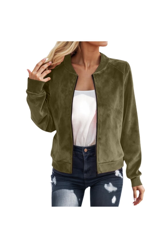 Suede Bomber Jackets For Women Crop Top Slim Fit Solid Color Zipper Coat Lightweight Streetwear Soft Outerwear