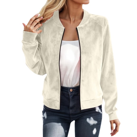 DHFJKG Suede Bomber Jackets For Women Crop Top Slim Fit Solid Color Zipper Coat Lightweight Streetwear Trendy Outerwear