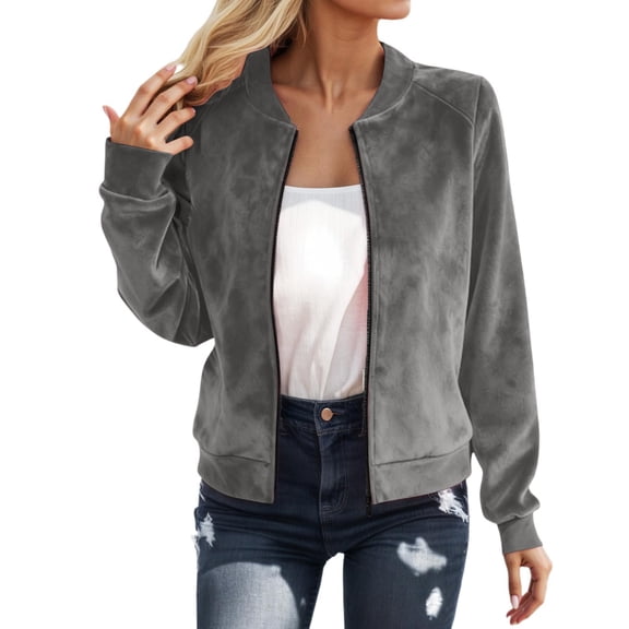 DHFJKG Suede Bomber Jackets For Women Crop Top Slim Fit Solid Color Zipper Coat Lightweight Streetwear Trendy Outerwear