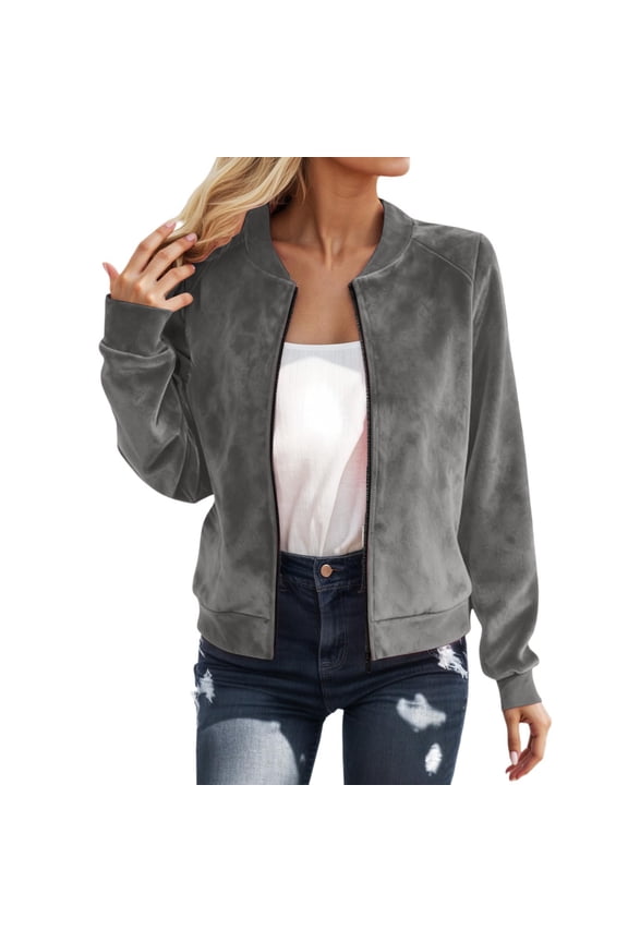Suede Bomber Jackets For Women Crop Top Slim Fit Solid Color Zipper Coat Lightweight Streetwear Versatile Outerwear