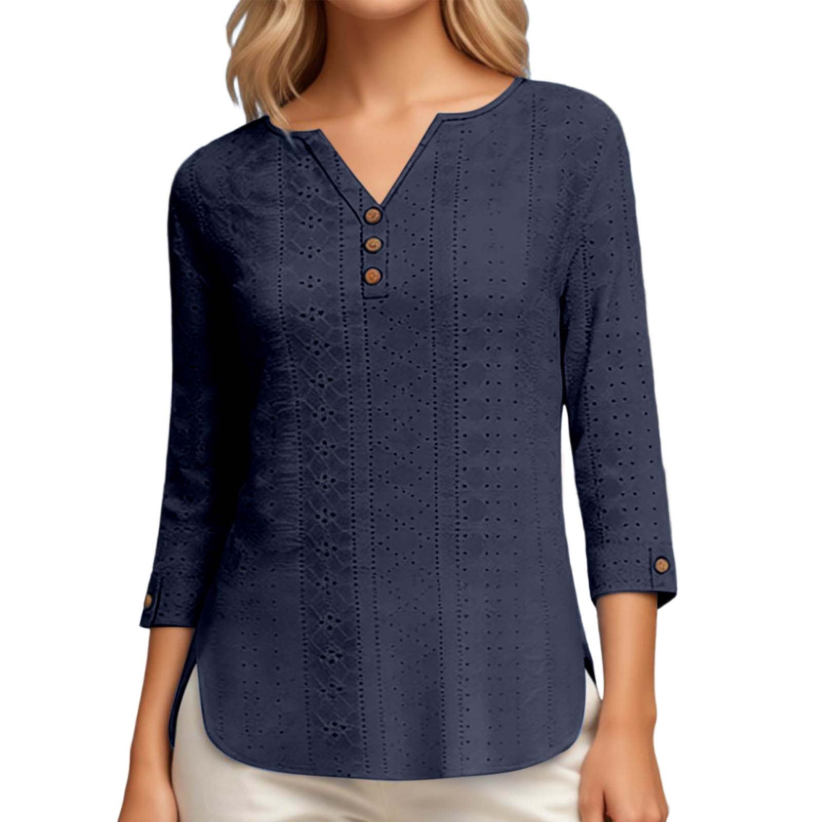 DHFJKG Summer 3/4 Sleeve T Shirt Women V Neck Button Casual Hallow Out ...