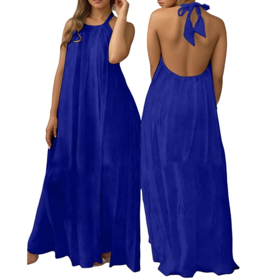 DHFJKG Summer Beach Dress Women Maxi Dresses Sleeveless Open Back Loose Fit Halter Solid Color Vacation Long Dress Boho Comfort Dresses