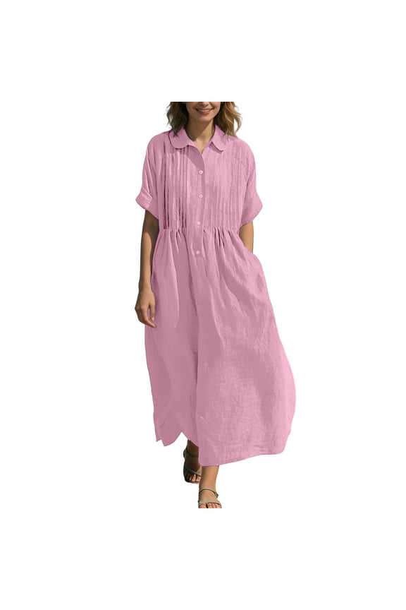 Summer Beach Dresses Women Loose Fit Button Down Collared Short Sleeve Midi Dress Pleated Comfortable Linen A Line Versatile Dresses