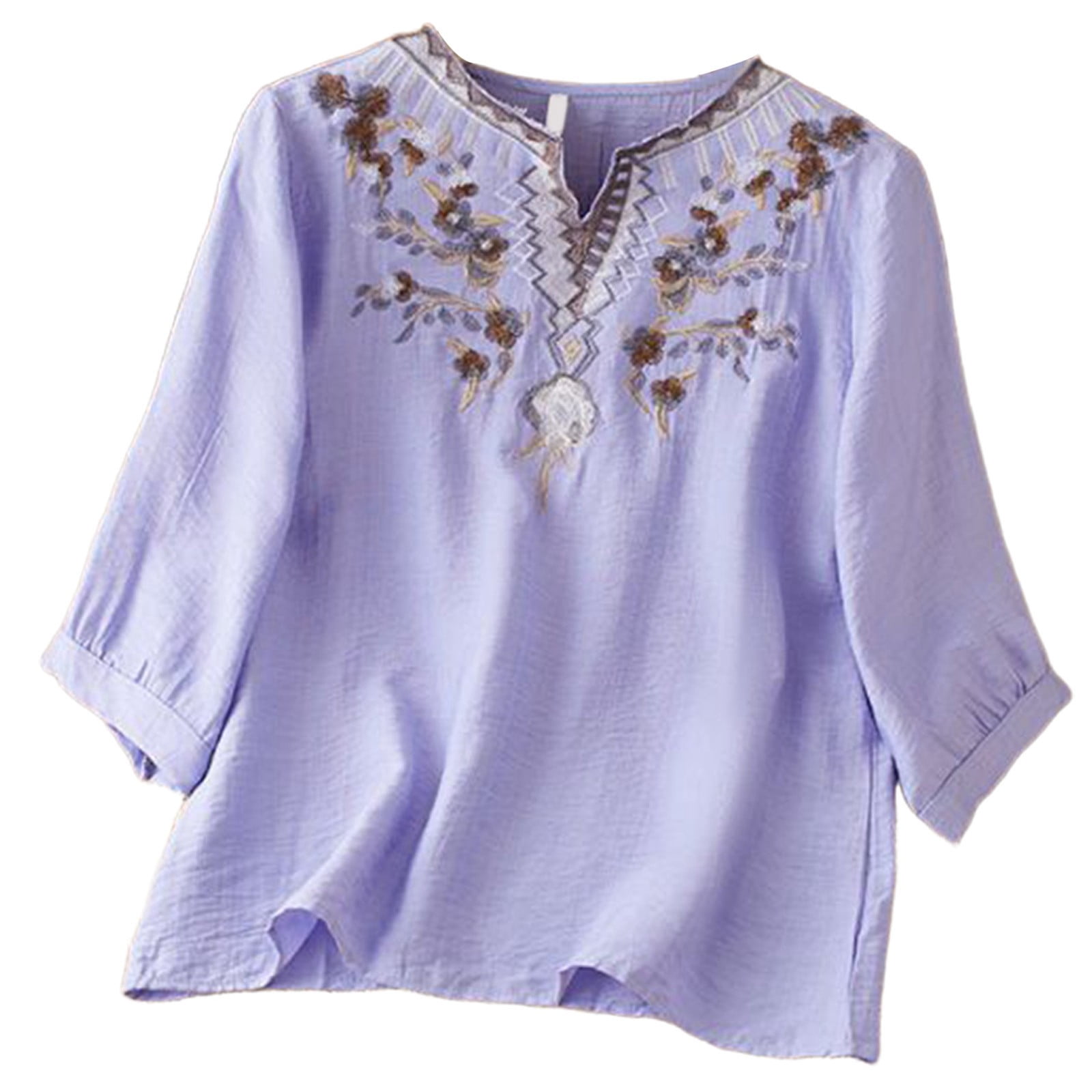 DHFJKG Summer Boho Shirts Women Linen Floral Embroidered 3/4 Sleeve ...