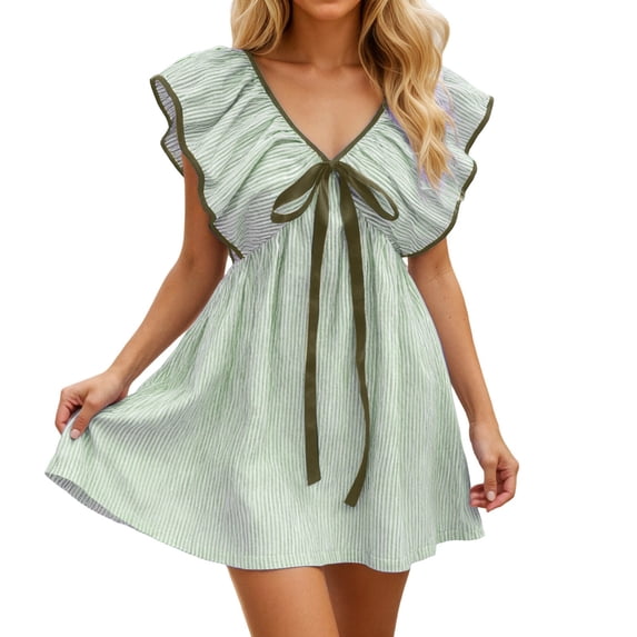 DHFJKG Summer Dress Womens Flounce Dresses Flutter Sleeve Flowy A Line Mini Dress V Neck Sweet Soft Dresses