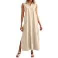 thumbnail image 1 of DHFJKG Summer Dresses For Women Beach Long Dress Sleeveless Turndown Collar Loose Fit Solid Color Flowy A-Line Side Slit Sundress Stylish Dresses, 1 of 7
