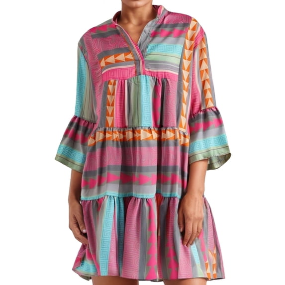 DHFJKG Summer Dresses For Women Bohemian Beach Dress Notch V Neck 3/4 Sleeve Flowy A-Line Mini Sundress Vacation Clothes Trendy Dresses