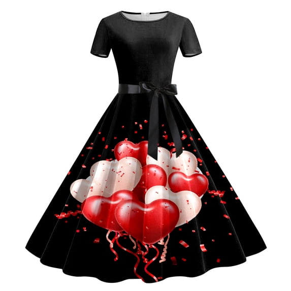 DHFJKG Summer Dresses For Women Casual Crew Neck Heart Printed Short Sleeve Flowy A Line Midi Swing Dress Cozy Dresses
