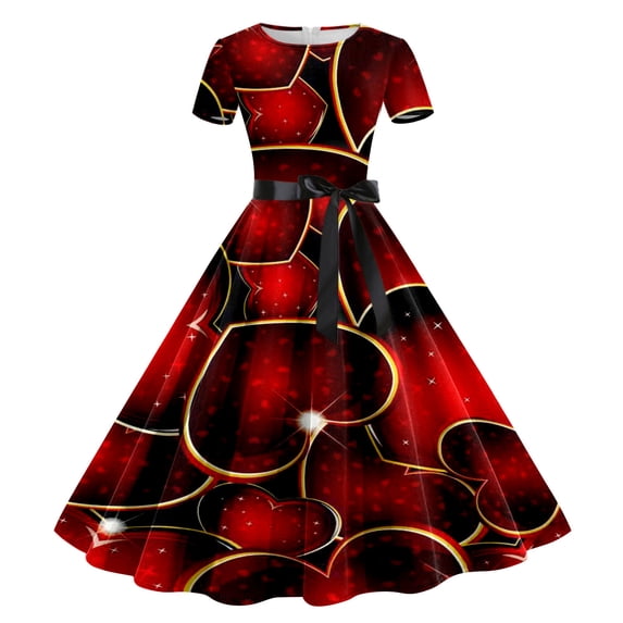 DHFJKG Summer Dresses For Women Casual Crew Neck Heart Printed Short Sleeve Flowy A Line Midi Swing Dress Cozy Dresses