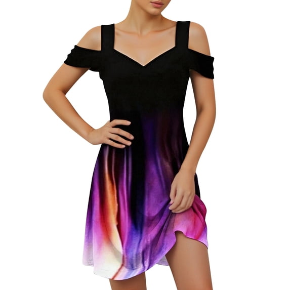 DHFJKG Summer Dresses For Women Casual Printed Mini Dress V Neck Off The Shoulder Short Sleeve Flowy A-Line Sundress Versatile Dresses
