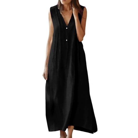 DHFJKG Summer Dresses For Women Casual Sleeveless Maxi Dress Button Down V Neck Loose Fit Tank Dress Beach Vacation Clothes Cozy Dresses