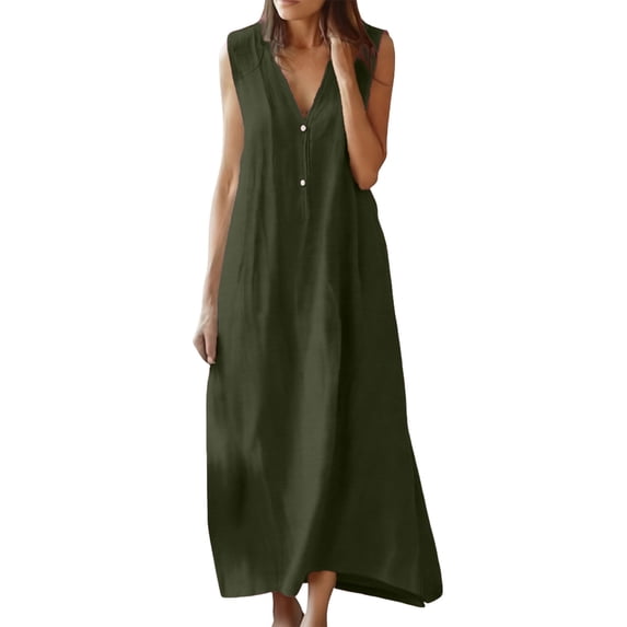 DHFJKG Summer Dresses For Women Casual Sleeveless Maxi Dress Button Down V Neck Loose Fit Tank Dress Beach Vacation Clothes Stylish Dresses
