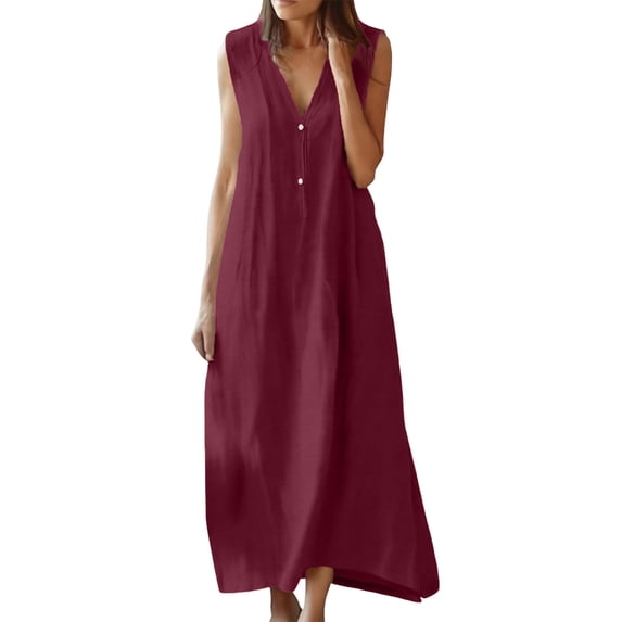 DHFJKG Summer Dresses For Women Casual Sleeveless Maxi Dress Button Down V Neck Loose Fit Tank Dress Beach Vacation Clothes Trendy Dresses